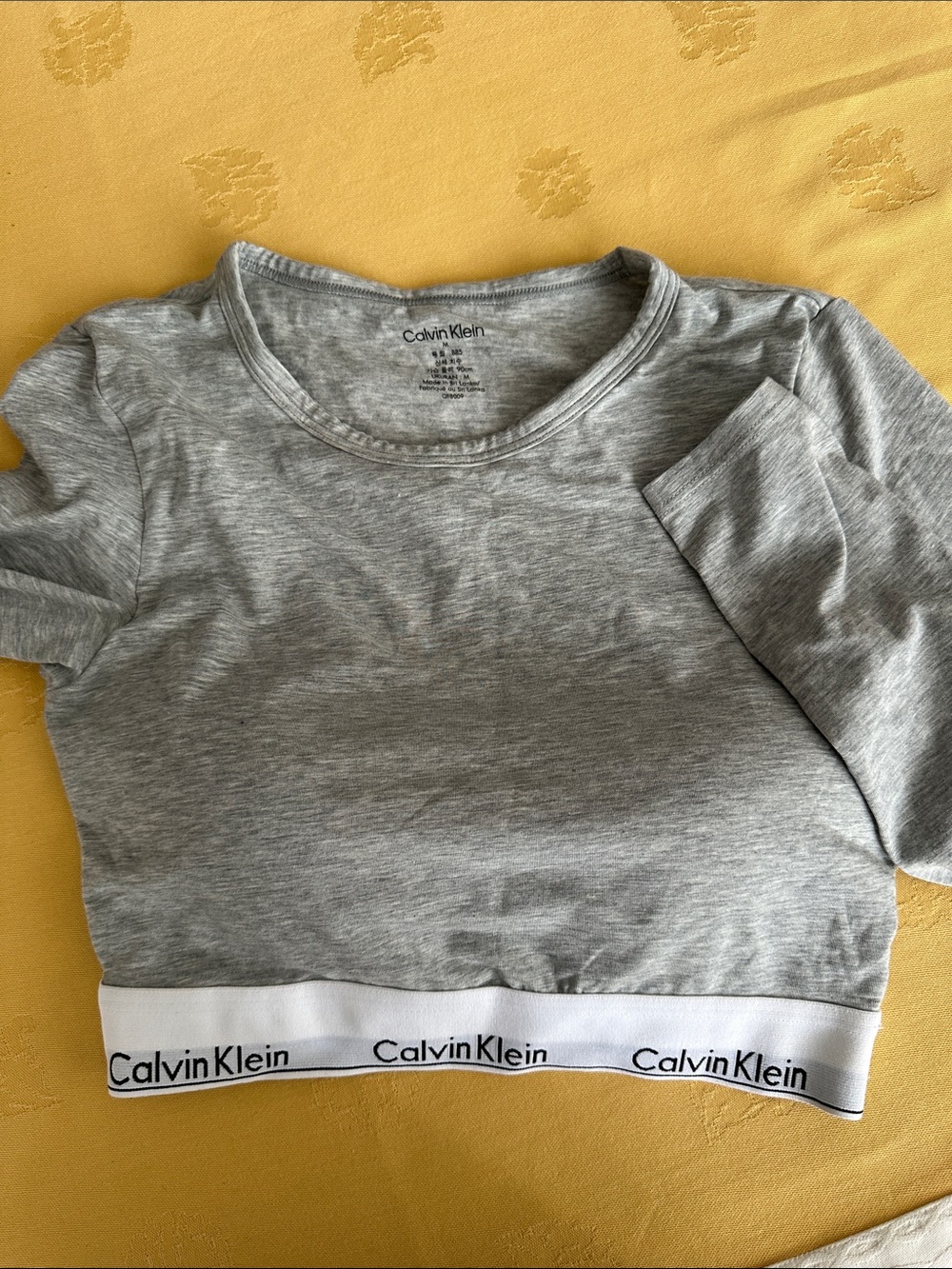 Calvin Klein Gray Cropped Long-Sleeve Top with Logo Hem